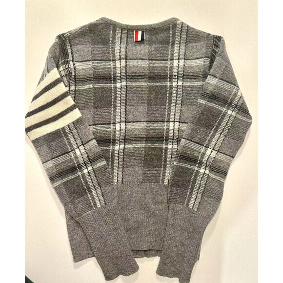 Thom Browne Womens Wool Cardigan With Plaid Pattern Button Closure & Striped Sle - Picture 2 of 5